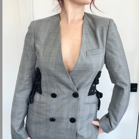 MO&Co Plaid Corset Detail Wool Blend Blazer - Picture 2 of 5